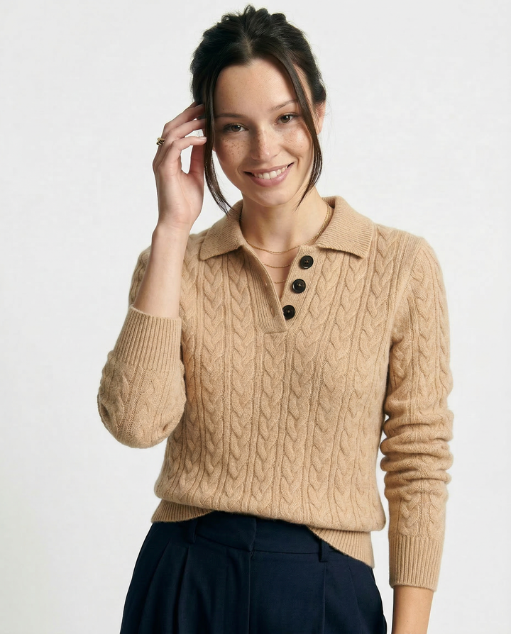 Cable-Knit Sweater with Cashmere Blend, Button-Up Stand Collar and Snug Fit