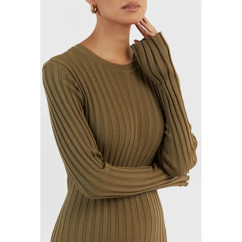 Ribbed Knit Maxi Dress for Women – A-Line, High Waist, Long Sleeve