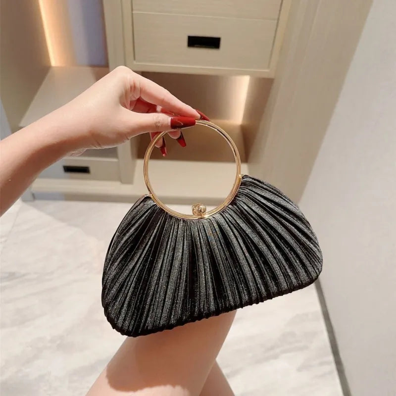 Evening Clutch Bag for Women – Satin Pleated Purse with Ring Handle