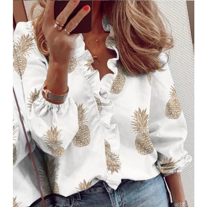 Women's Printed V-Neck Long Sleeve Blouse – Soft Stretch Drape