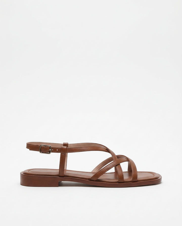Leather Strap Sandals with Cushioned Footbed, Adjustable Gold Buckle and Low Stacked Heel