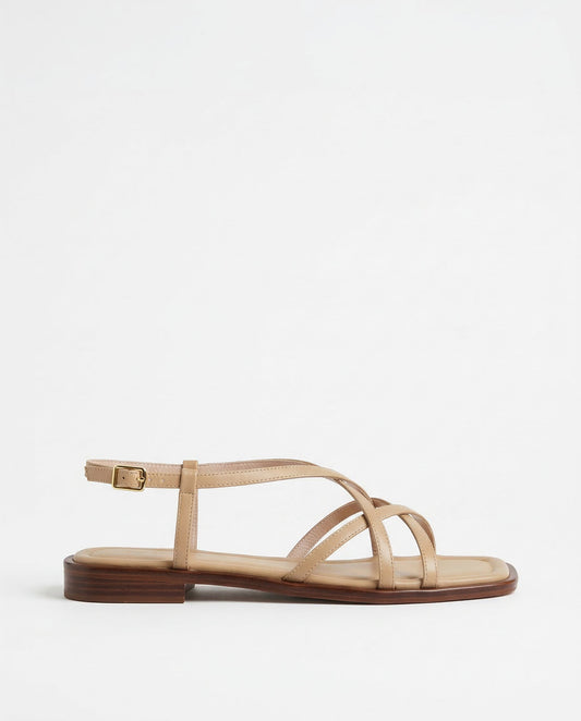 Leather Strap Sandals with Cushioned Footbed, Adjustable Gold Buckle and Low Stacked Heel