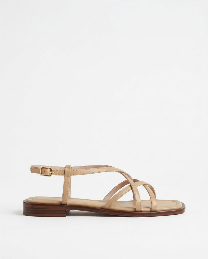 Leather Strap Sandals with Cushioned Footbed, Adjustable Gold Buckle and Low Stacked Heel