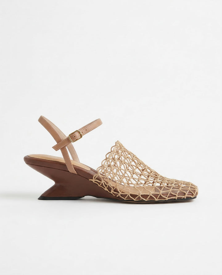 Braided Mesh Heeled Sandals with Square Toe and Ankle Strap, Women's Fallon