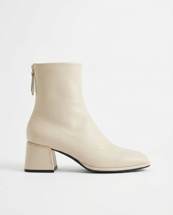 Leather Ankle Boots with Block Heel, Square Toe, and Back Zip Closure in Ivory