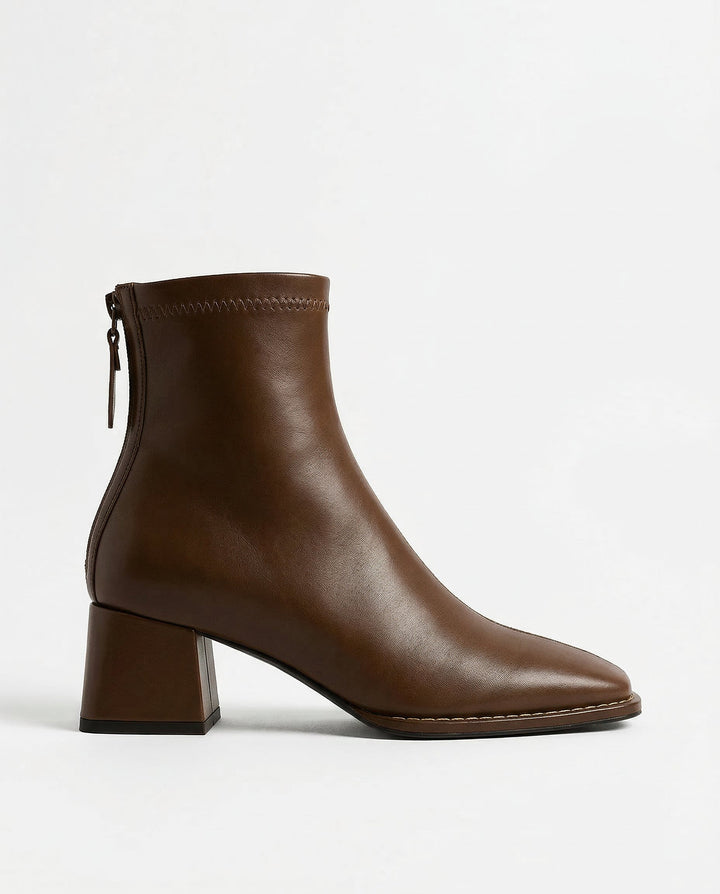 Leather Ankle Boots with Block Heel, Square Toe, and Back Zip Closure in Ivory