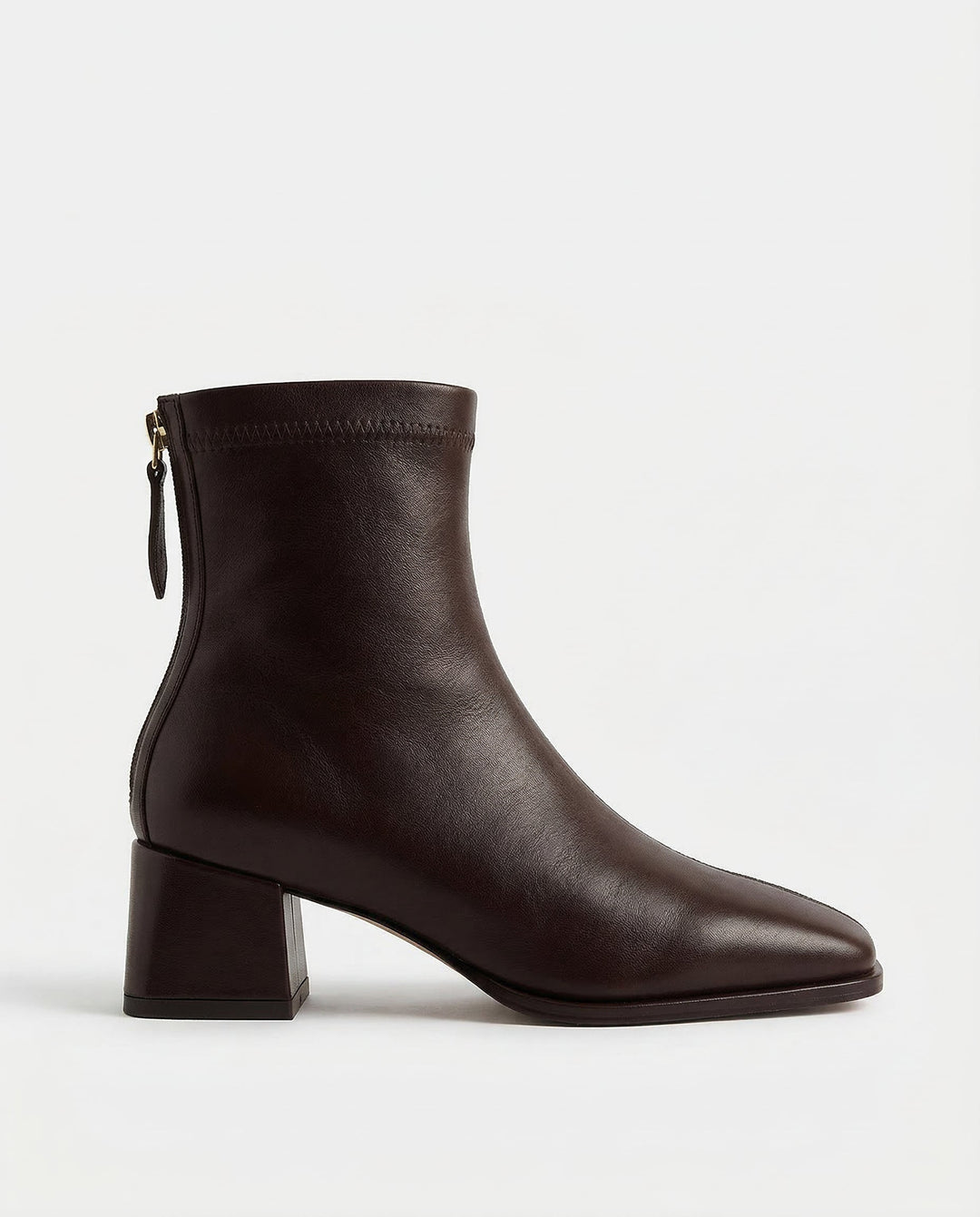 Leather Ankle Boots with Block Heel, Square Toe, and Back Zip Closure in Ivory