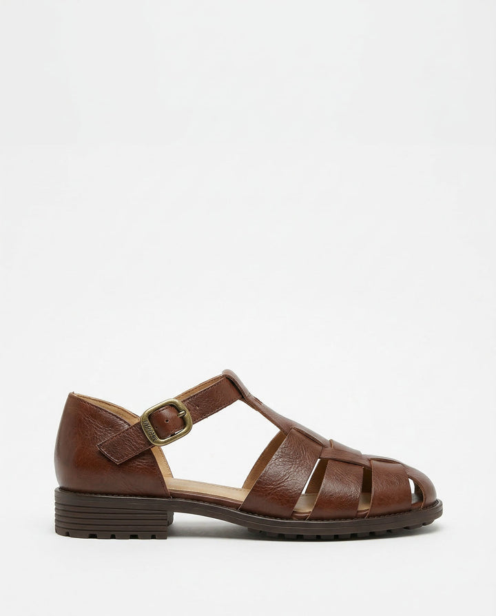 Handwoven Leather Sandals with Adjustable T-Strap Buckle and Low Stacked Heel