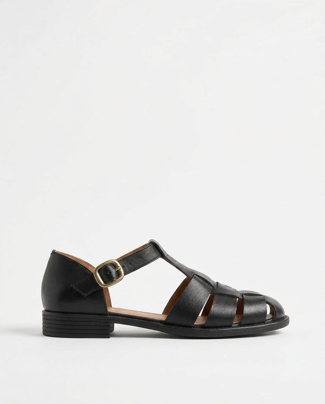 Handwoven Leather Sandals with Adjustable T-Strap Buckle and Low Stacked Heel