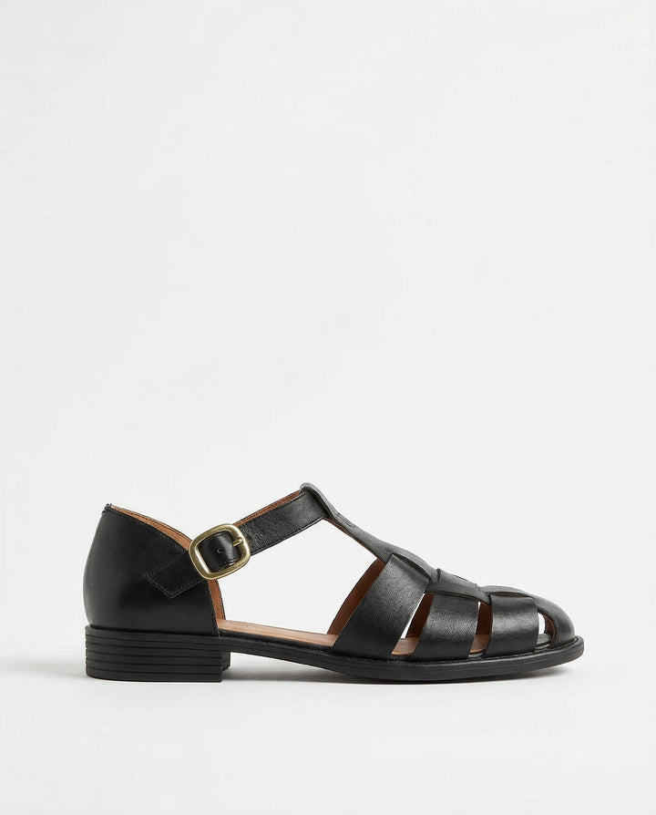 Handwoven Leather Sandals with Adjustable T-Strap Buckle and Low Stacked Heel
