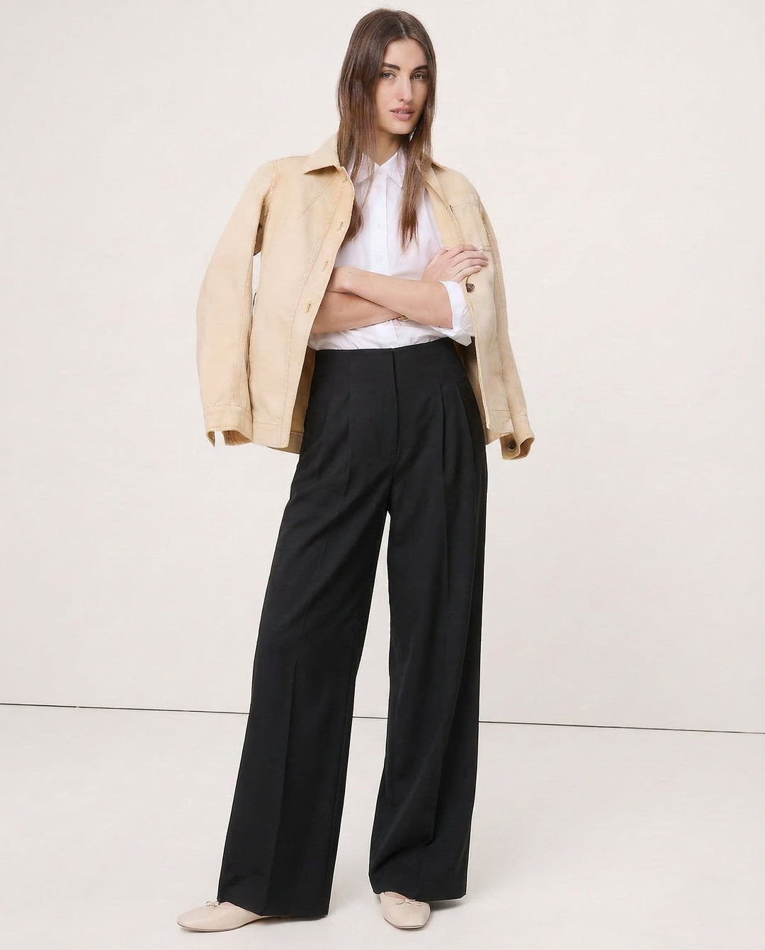 Wide Leg Draped Pants in Soft 100% Cotton with High-Waisted Elastic Fit and Tailored Silhouette