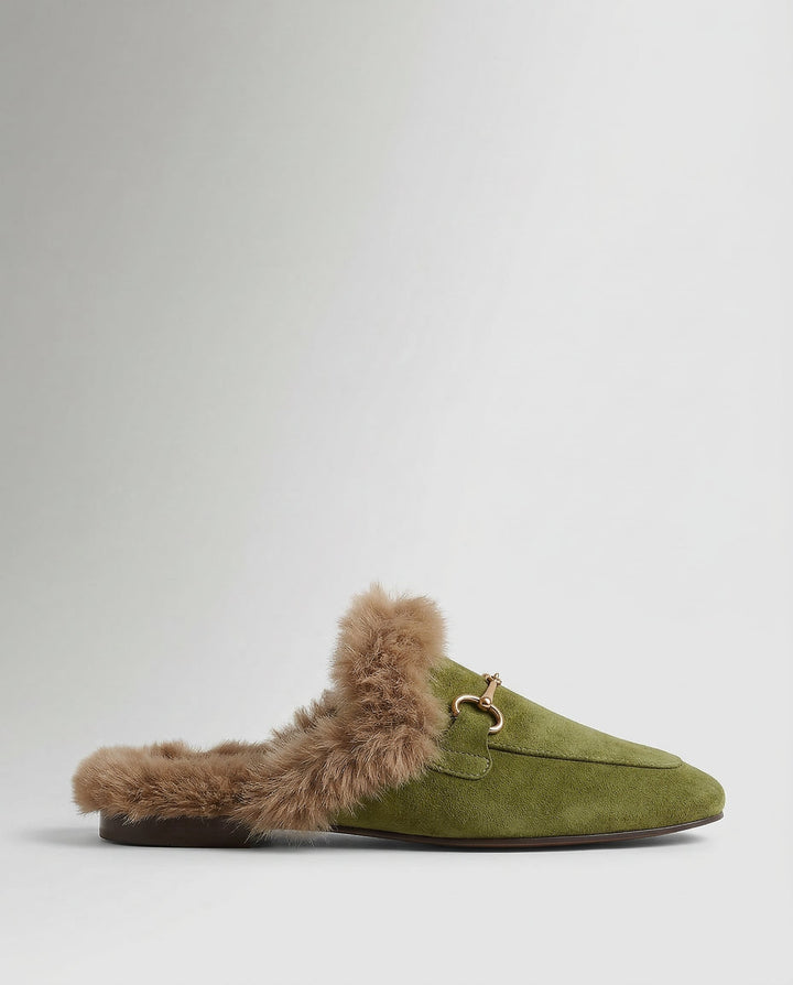 Fur-Lined Suede Mule Slippers with Premium Lamb and Rabbit Fur Lining and Gold-Tone Hardware