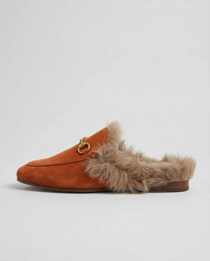 Fur-Lined Suede Mule Slippers with Premium Lamb and Rabbit Fur Lining and Gold-Tone Hardware