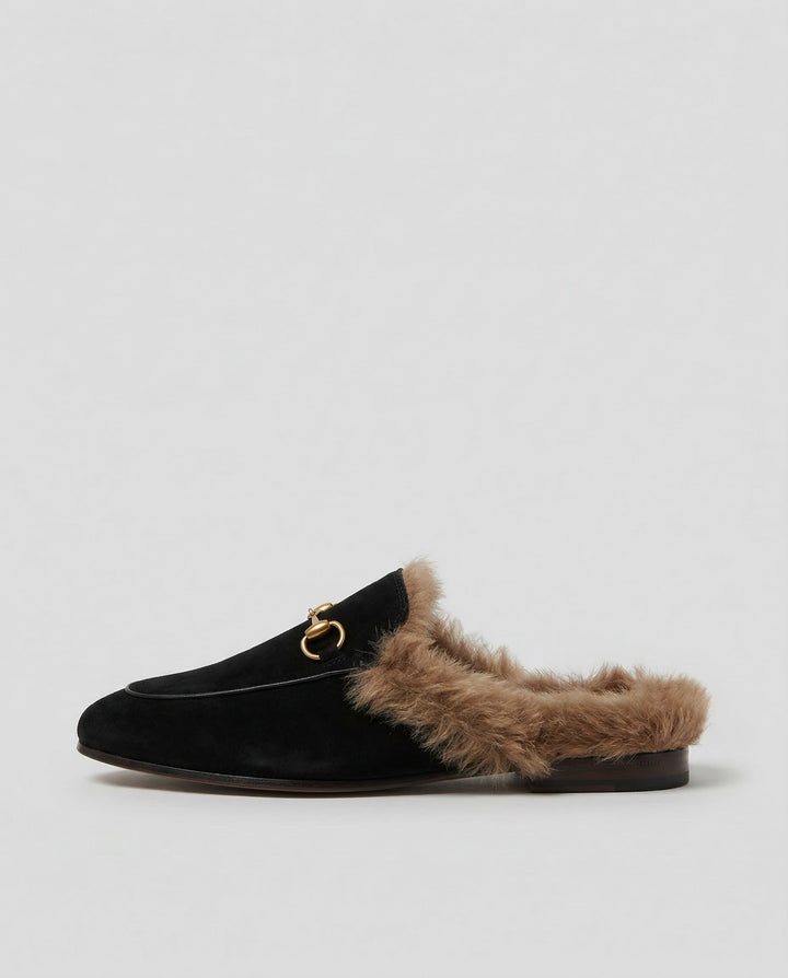 Fur-Lined Suede Mule Slippers with Premium Lamb and Rabbit Fur Lining and Gold-Tone Hardware
