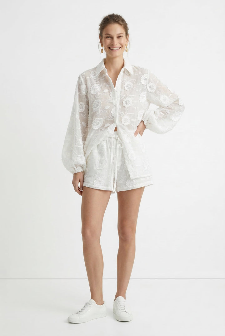 Embroidered Lounge Set with Sheer Button-Up Top and Floral Lace Detail in White