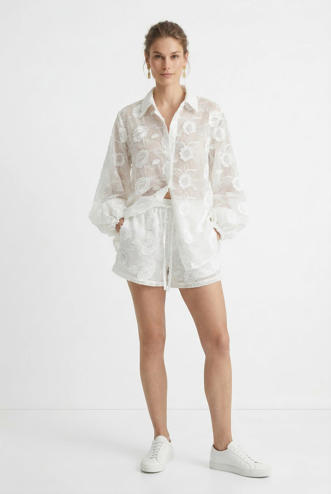 Embroidered Lounge Set with Sheer Button-Up Top and Floral Lace Detail in White