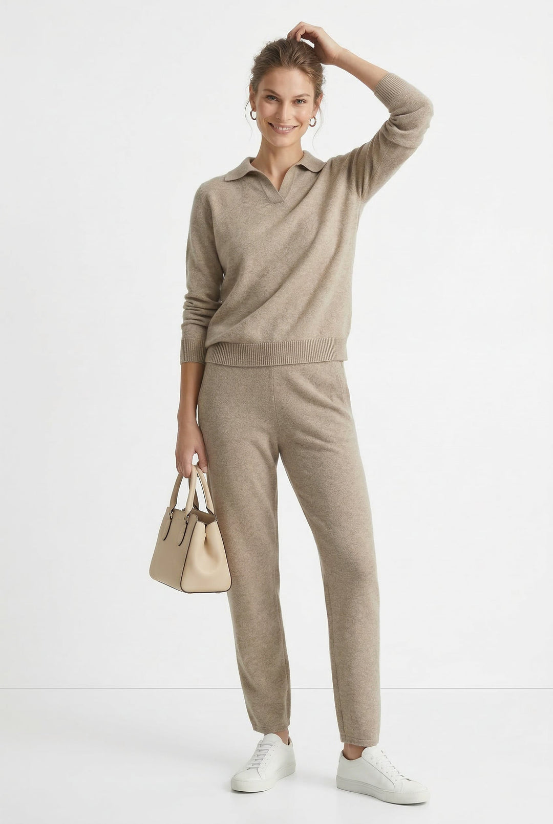 Two-Piece Polo Knit Set with Cashmere Blend Sweater and High-Waisted Harem Pants