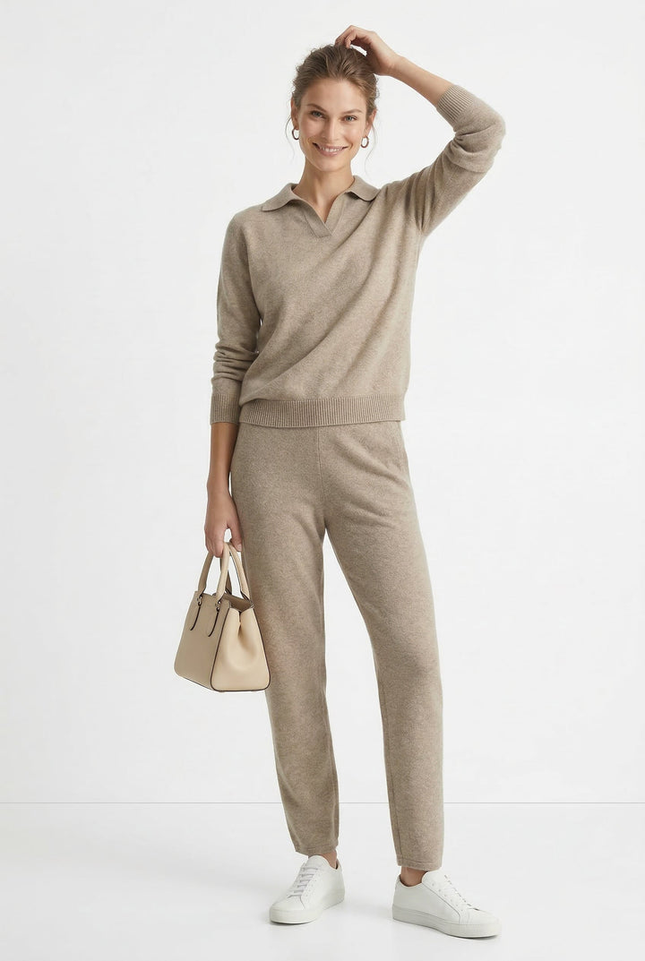 Two-Piece Polo Knit Set with Cashmere Blend Sweater and High-Waisted Harem Pants