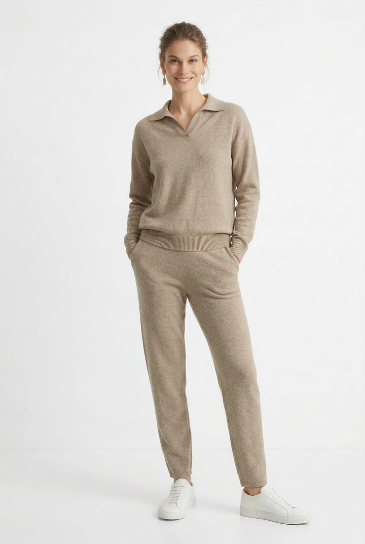 Two-Piece Polo Knit Set with Cashmere Blend Sweater and High-Waisted Harem Pants