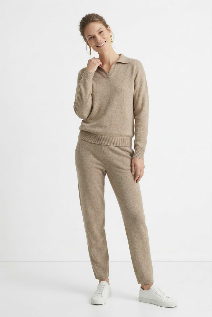 Two-Piece Polo Knit Set with Cashmere Blend Sweater and High-Waisted Harem Pants