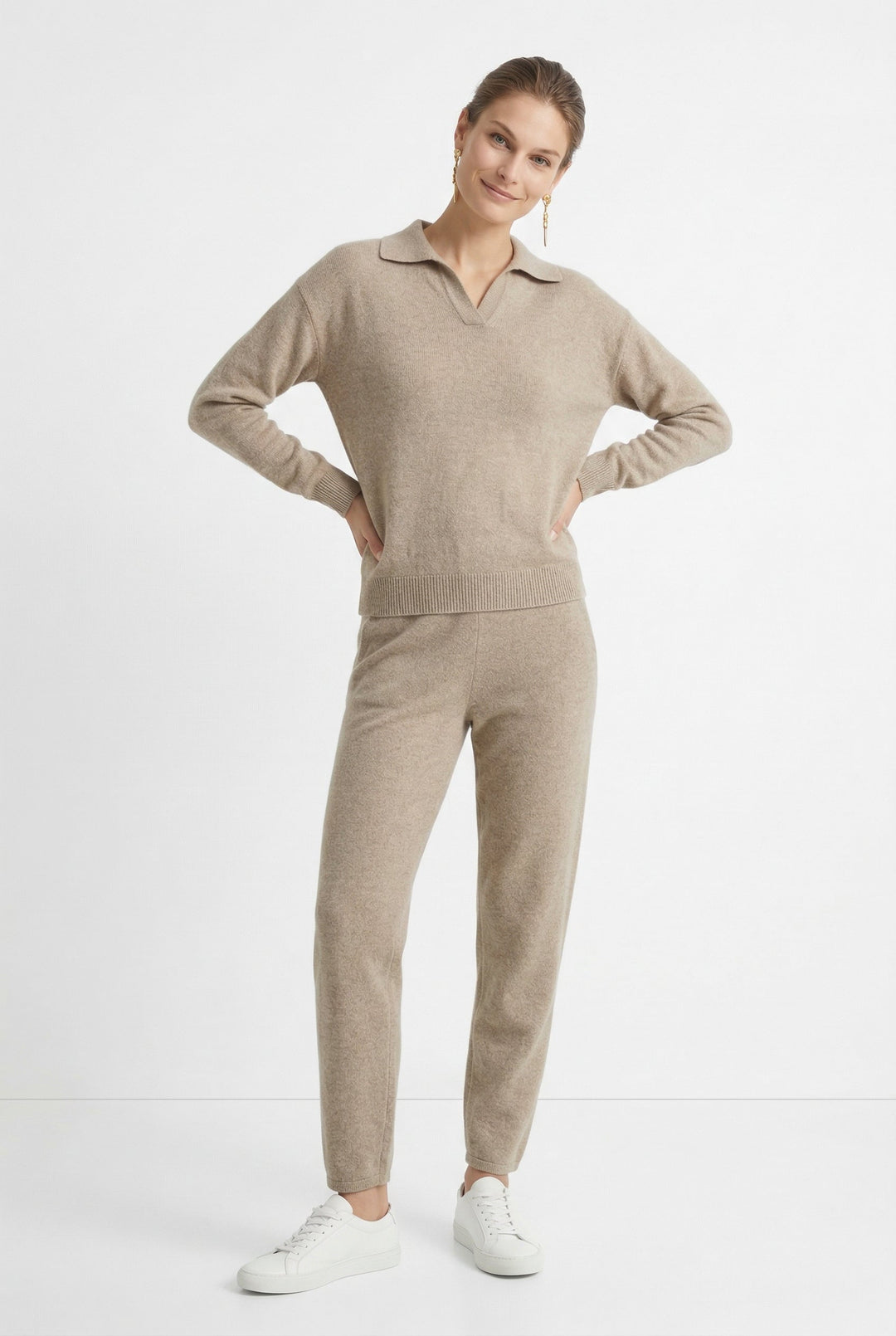Two-Piece Polo Knit Set with Cashmere Blend Sweater and High-Waisted Harem Pants
