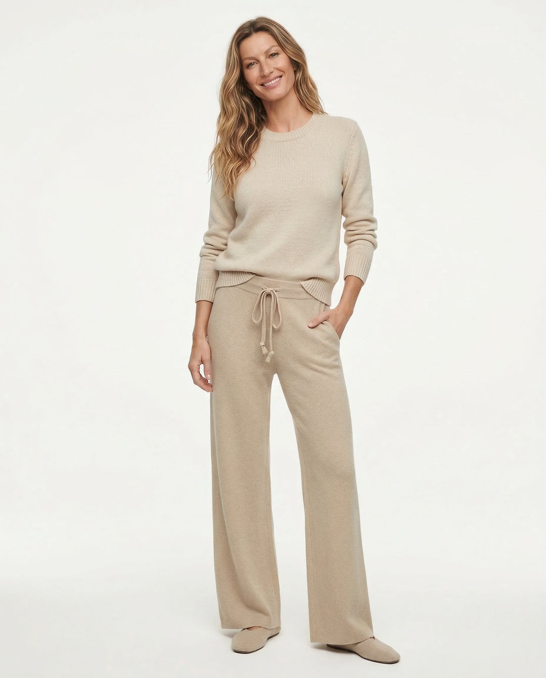 Sweatpants in Cashmere Wool Blend with Adjustable High-Rise Elastic Waist, Khaki