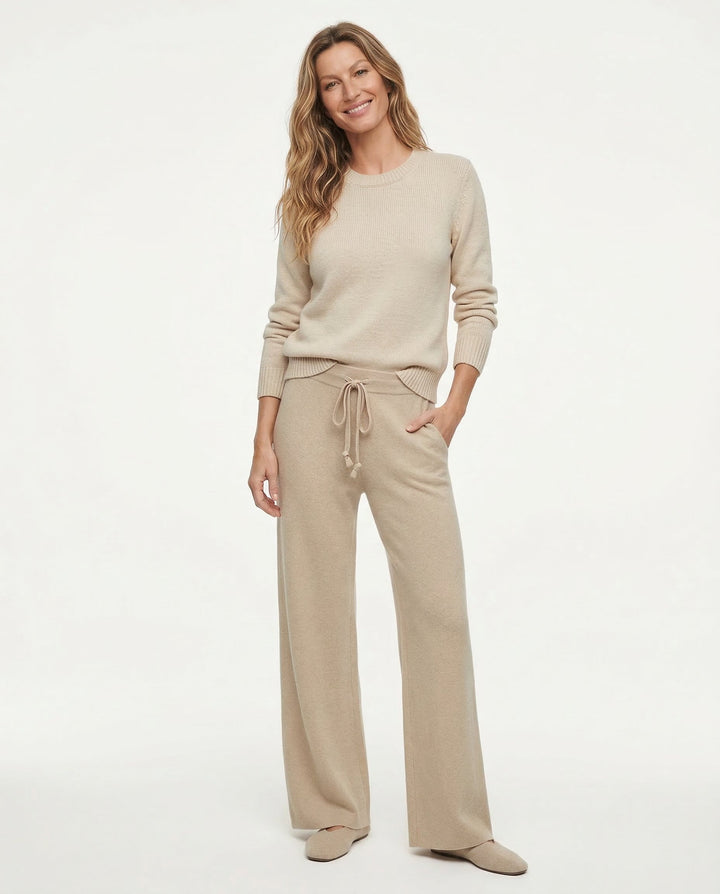 Sweatpants in Cashmere Wool Blend with Adjustable High-Rise Elastic Waist, Khaki
