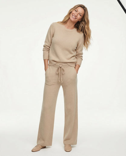Sweatpants in Cashmere Wool Blend with Adjustable High-Rise Elastic Waist, Khaki