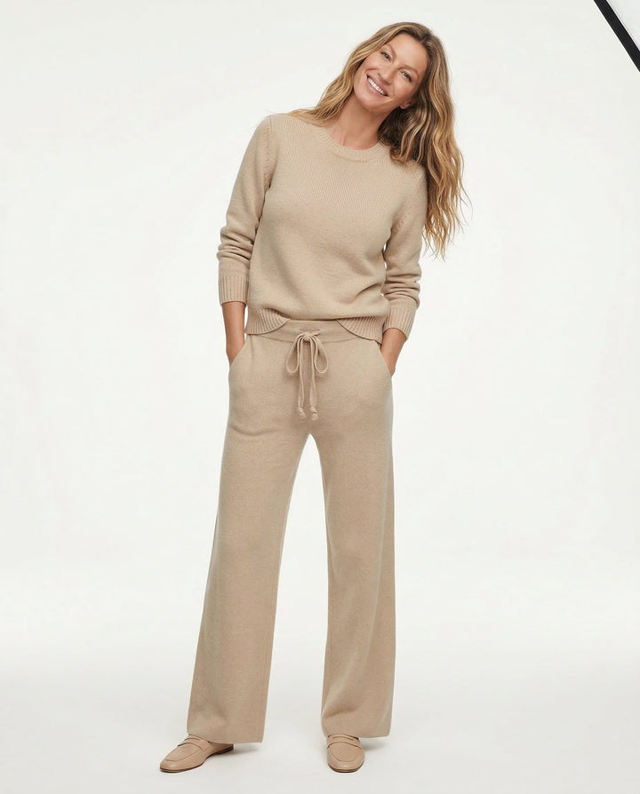 Sweatpants in Cashmere Wool Blend with Adjustable High-Rise Elastic Waist, Khaki