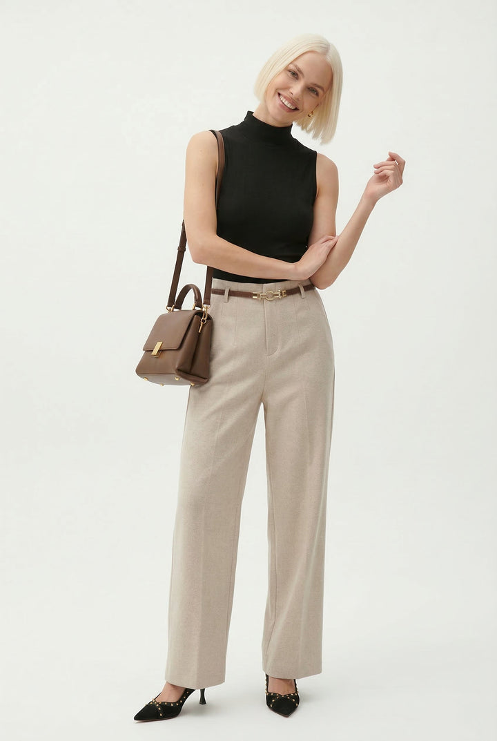 Wide Leg Wool Blend Trousers with High-Waist Fit, Tailored Crease, and Matching Belt