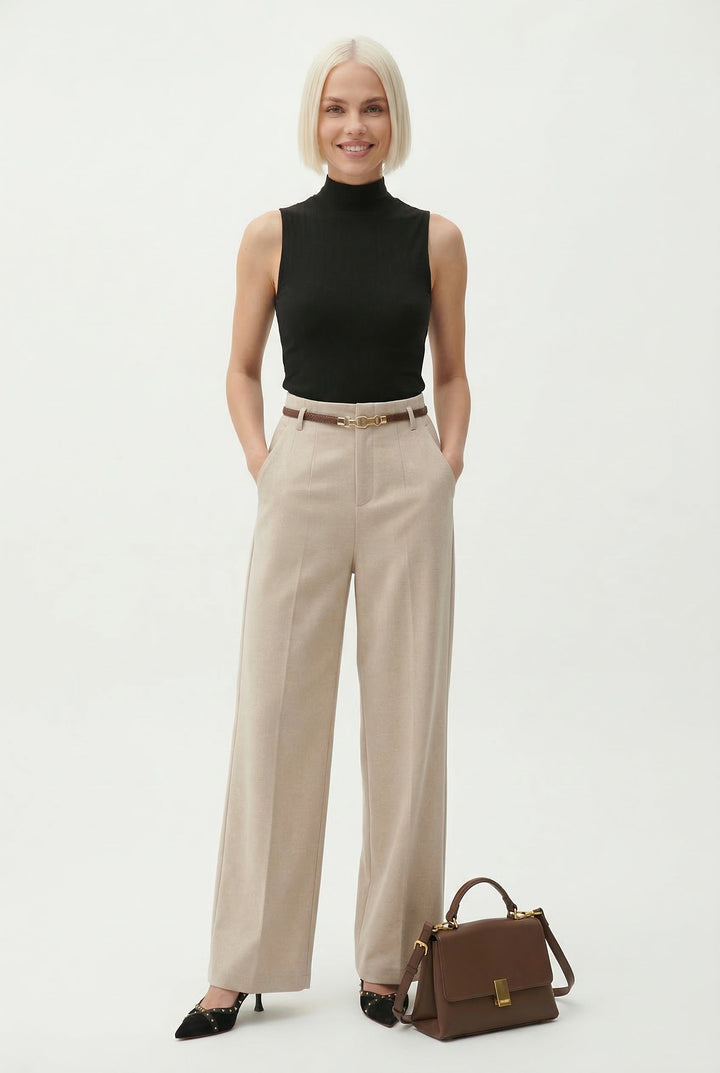 Wide Leg Wool Blend Trousers with High-Waist Fit, Tailored Crease, and Matching Belt