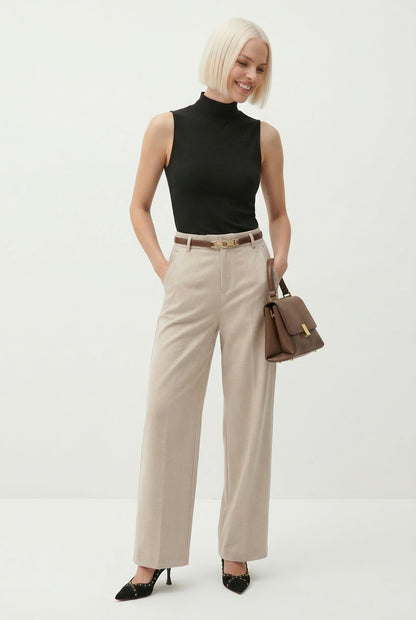 Wide Leg Wool Blend Trousers with High-Waist Fit, Tailored Crease, and Matching Belt