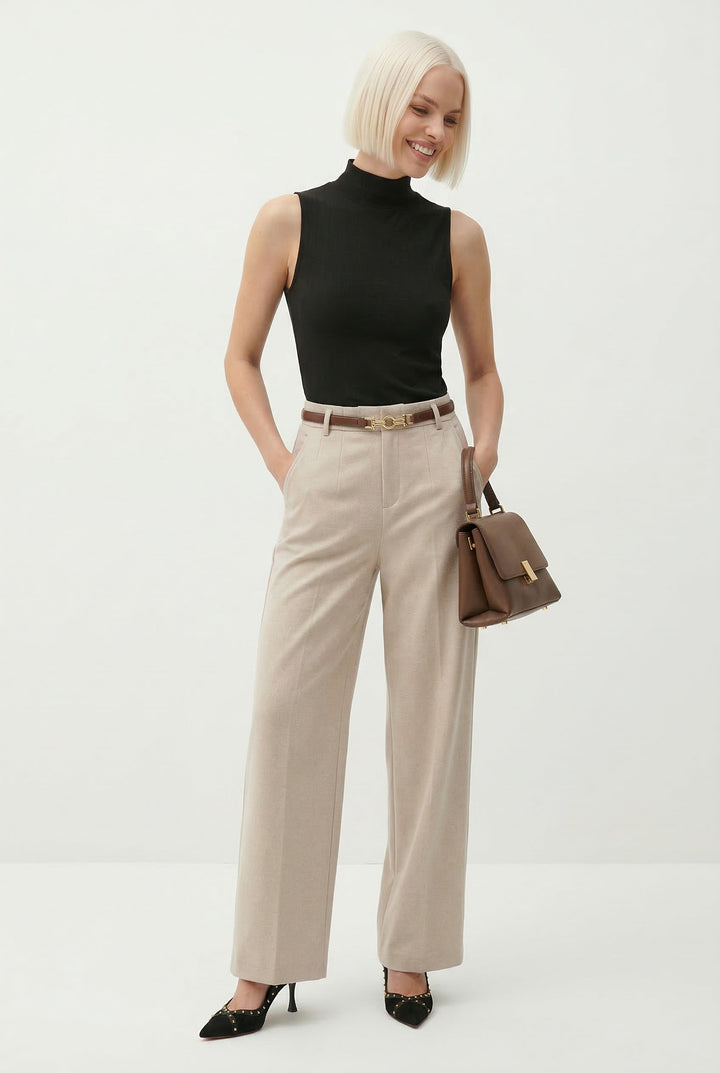 Wide Leg Wool Blend Trousers with High-Waist Fit, Tailored Crease, and Matching Belt