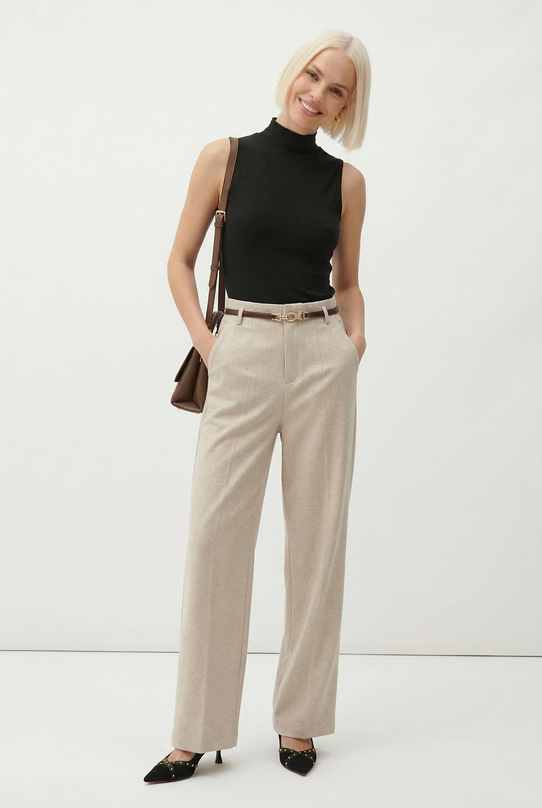Wide Leg Wool Blend Trousers with High-Waist Fit, Tailored Crease, and Matching Belt