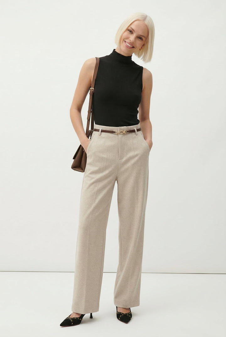 Wide Leg Wool Blend Trousers with High-Waist Fit, Tailored Crease, and Matching Belt