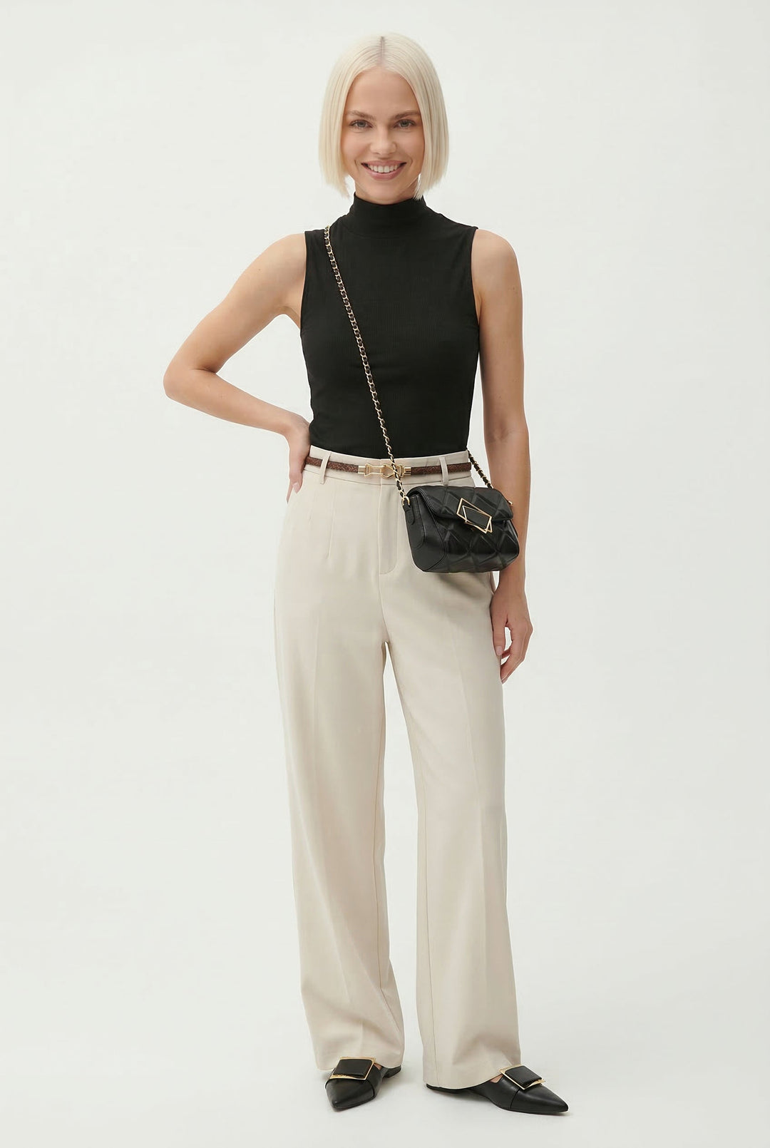 Wide Leg Wool Blend Trousers with High-Waist Fit, Tailored Crease, and Matching Belt