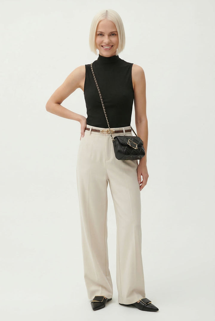 Wide Leg Wool Blend Trousers with High-Waist Fit, Tailored Crease, and Matching Belt