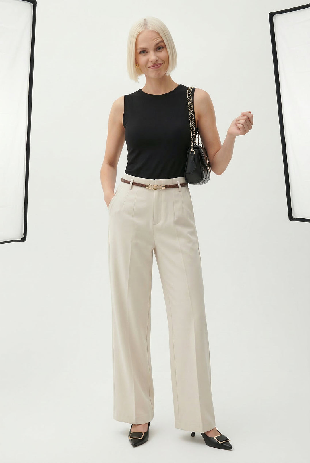 Wide Leg Wool Blend Trousers with High-Waist Fit, Tailored Crease, and Matching Belt