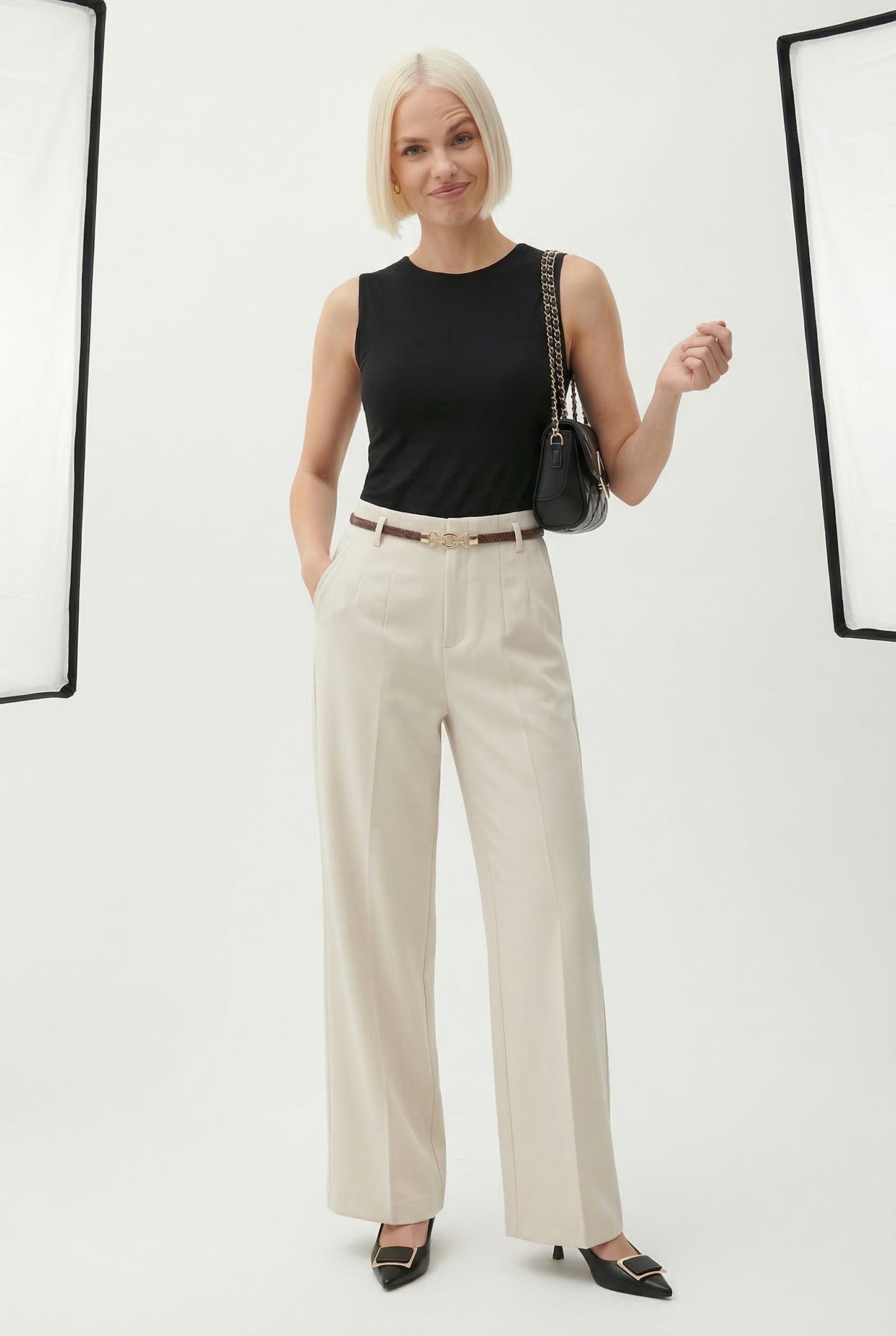 Wide Leg Wool Blend Trousers with High-Waist Fit, Tailored Crease, and Matching Belt