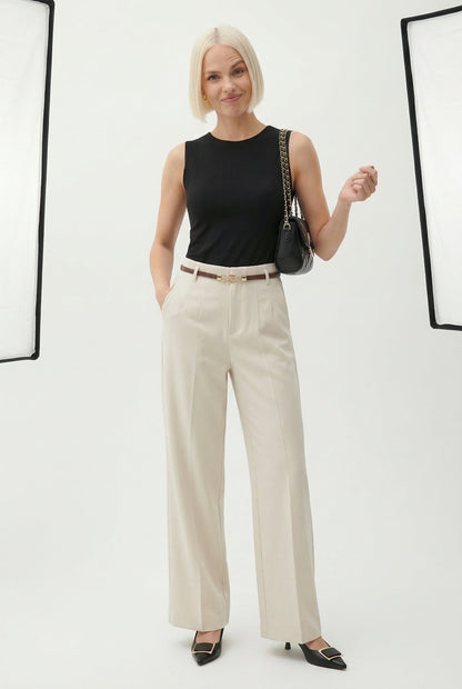 Wide Leg Wool Blend Trousers with High-Waist Fit, Tailored Crease, and Matching Belt