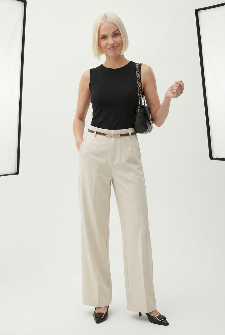 Wide Leg Wool Blend Trousers with High-Waist Fit, Tailored Crease, and Matching Belt