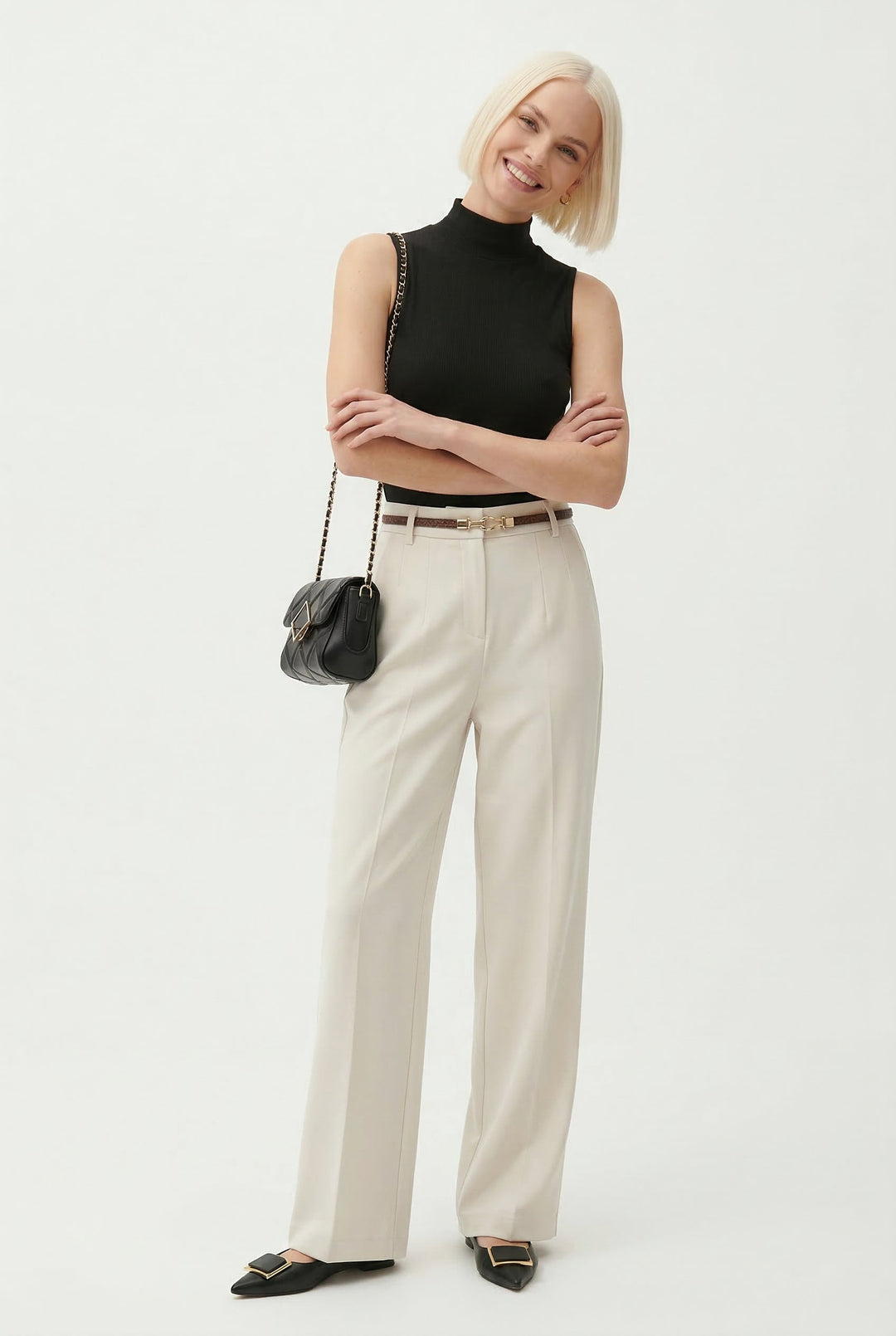 Wide Leg Wool Blend Trousers with High-Waist Fit, Tailored Crease, and Matching Belt
