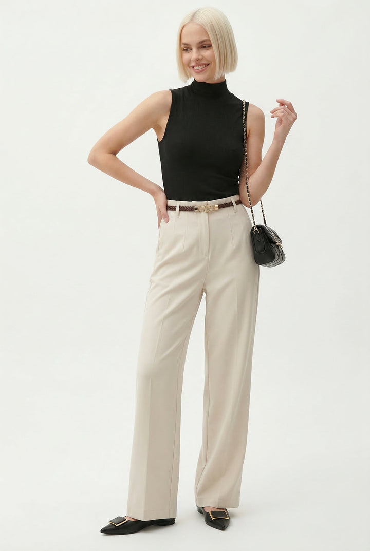 Wide Leg Wool Blend Trousers with High-Waist Fit, Tailored Crease, and Matching Belt