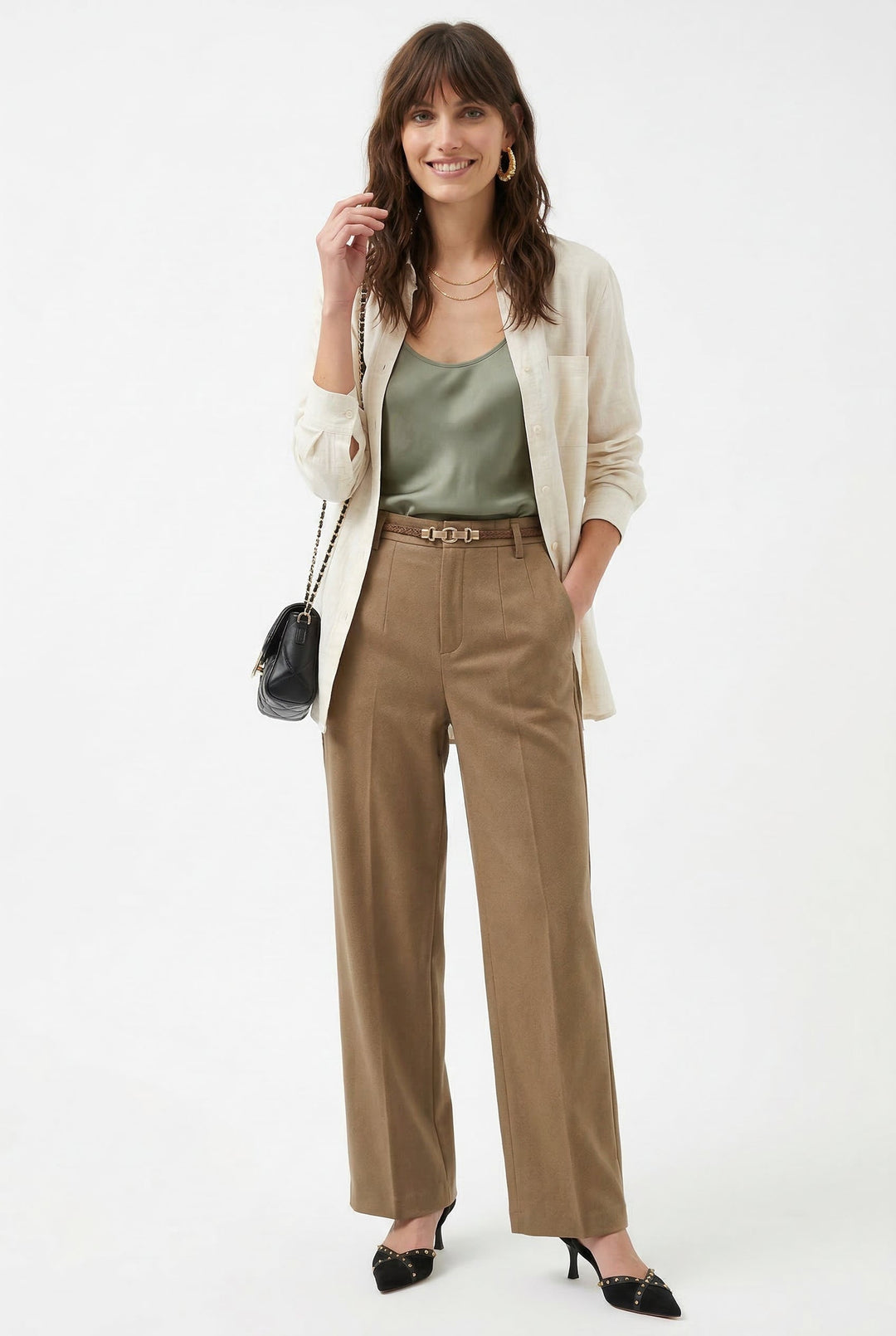 Wide Leg Wool Blend Trousers with High-Waist Fit, Tailored Crease, and Matching Belt