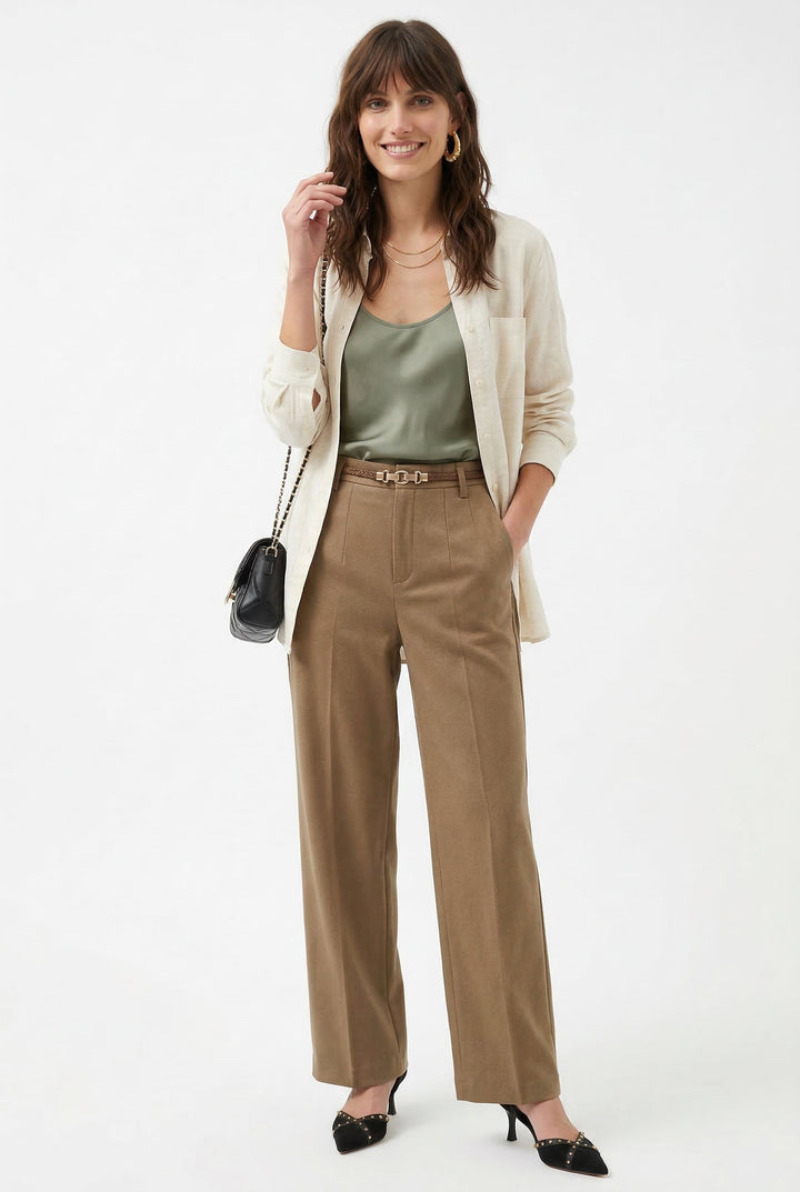 Wide Leg Wool Blend Trousers with High-Waist Fit, Tailored Crease, and Matching Belt