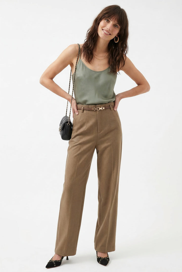 Wide Leg Wool Blend Trousers with High-Waist Fit, Tailored Crease, and Matching Belt