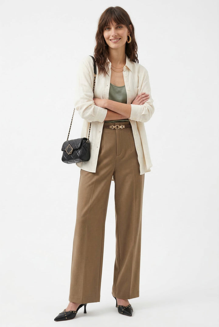 Wide Leg Wool Blend Trousers with High-Waist Fit, Tailored Crease, and Matching Belt