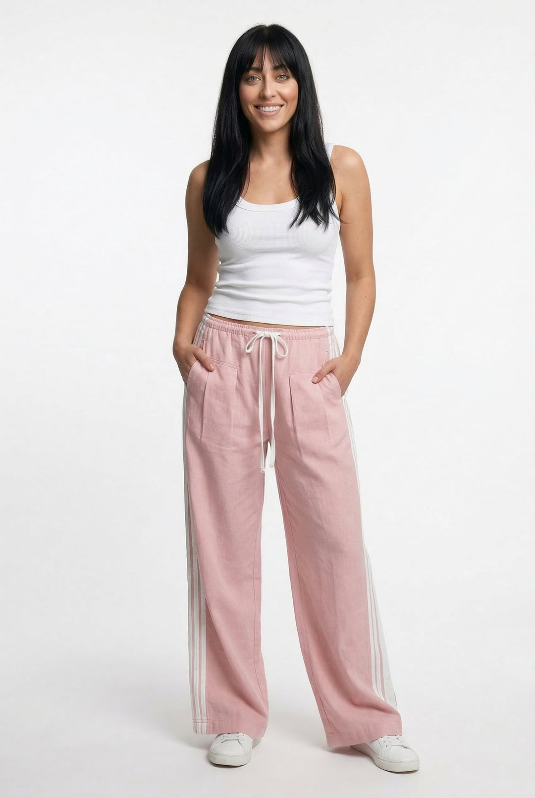 Track Trousers with High-Waist Fit, Elastic Waistband, and Bold Stripe Print in Soft Cotton-Blend