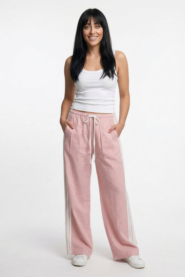 Track Trousers with High-Waist Fit, Elastic Waistband, and Bold Stripe Print in Soft Cotton-Blend