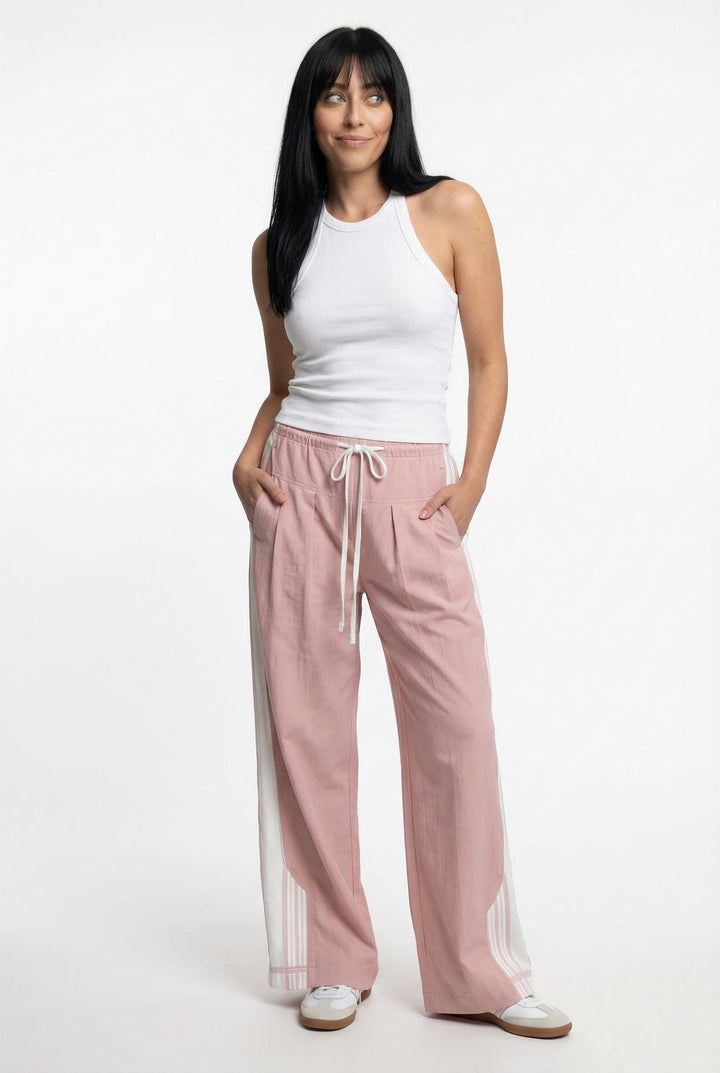 Track Trousers with High-Waist Fit, Elastic Waistband, and Bold Stripe Print in Soft Cotton-Blend